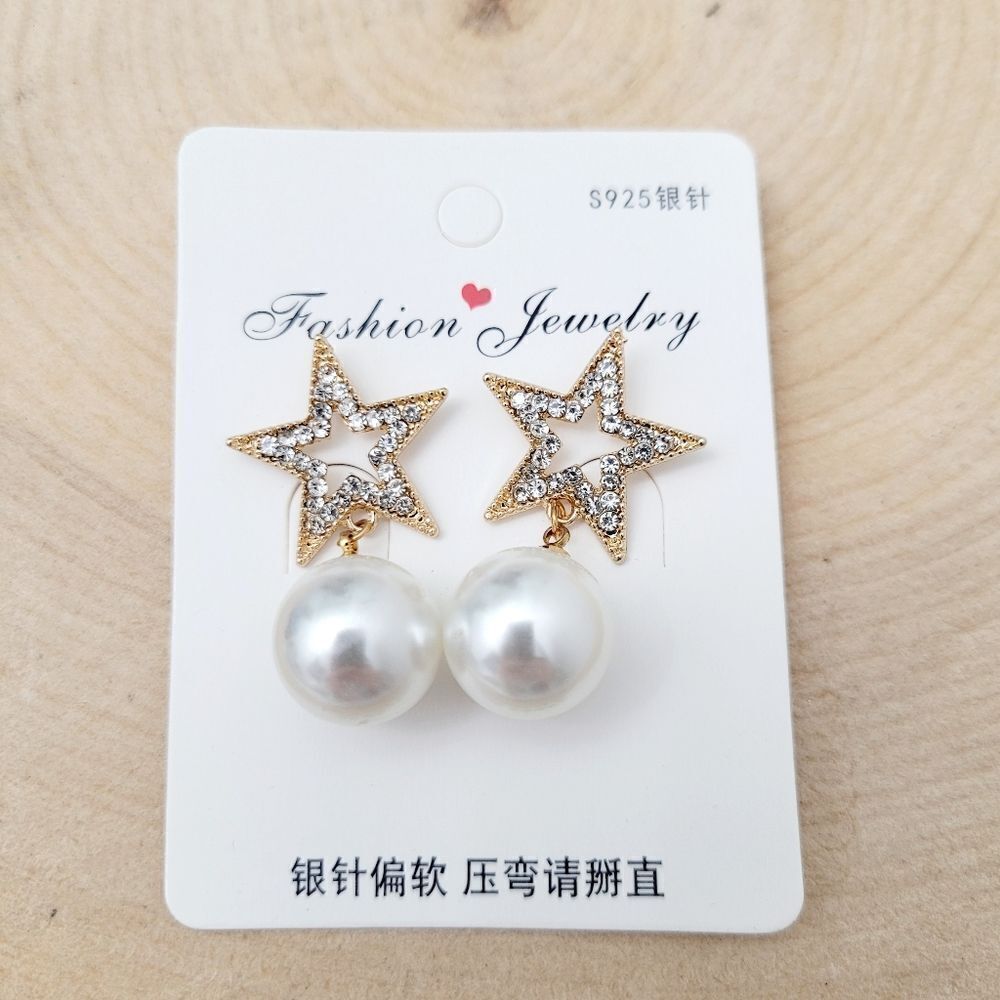 Brand New Gold Tone Stars Pearl Rhinestone Earrings